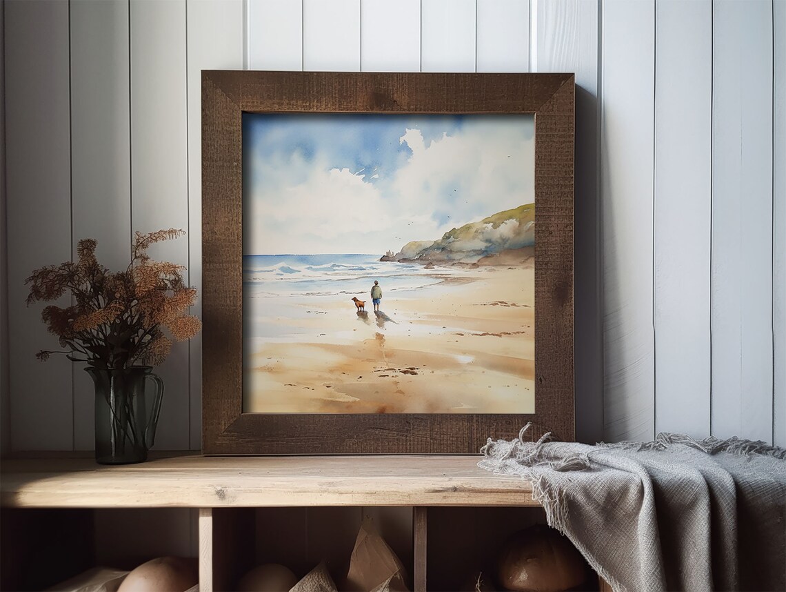 Cornwall Beach Walk Watercolor Art Print, Seascape - Image 2