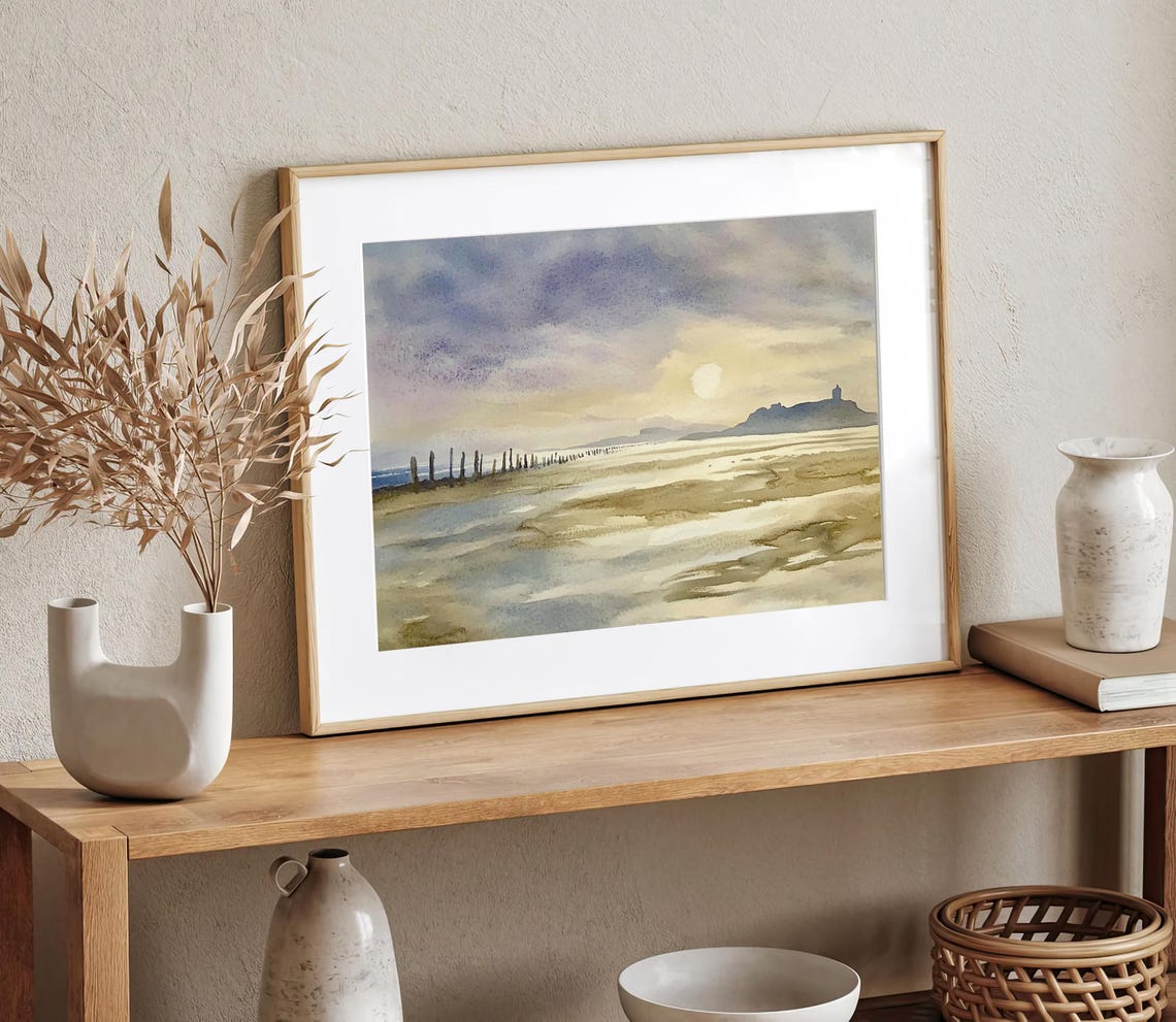 Serene Peaceful Beach at Low Tide Under a Soft Golden Sky Poster - Image 3