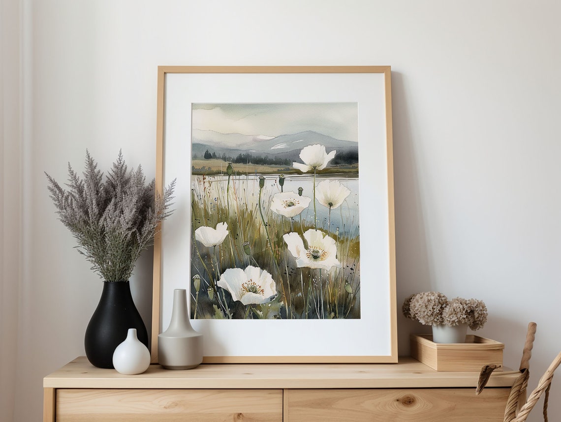 White Poppy Lakeside Meadow Watercolor Wildflower Field Poster - Image 3