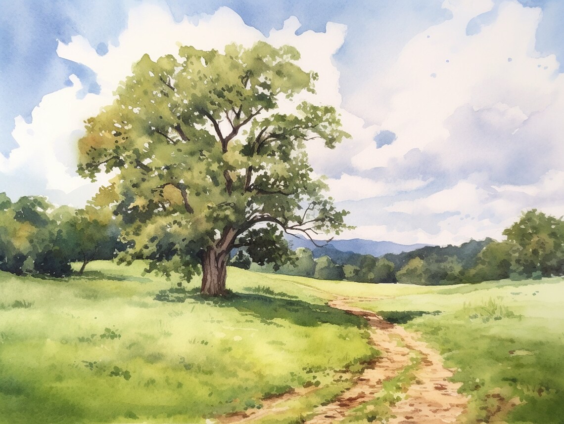 Oak Tree Watercolor Painting, Oak Alley Louisiana