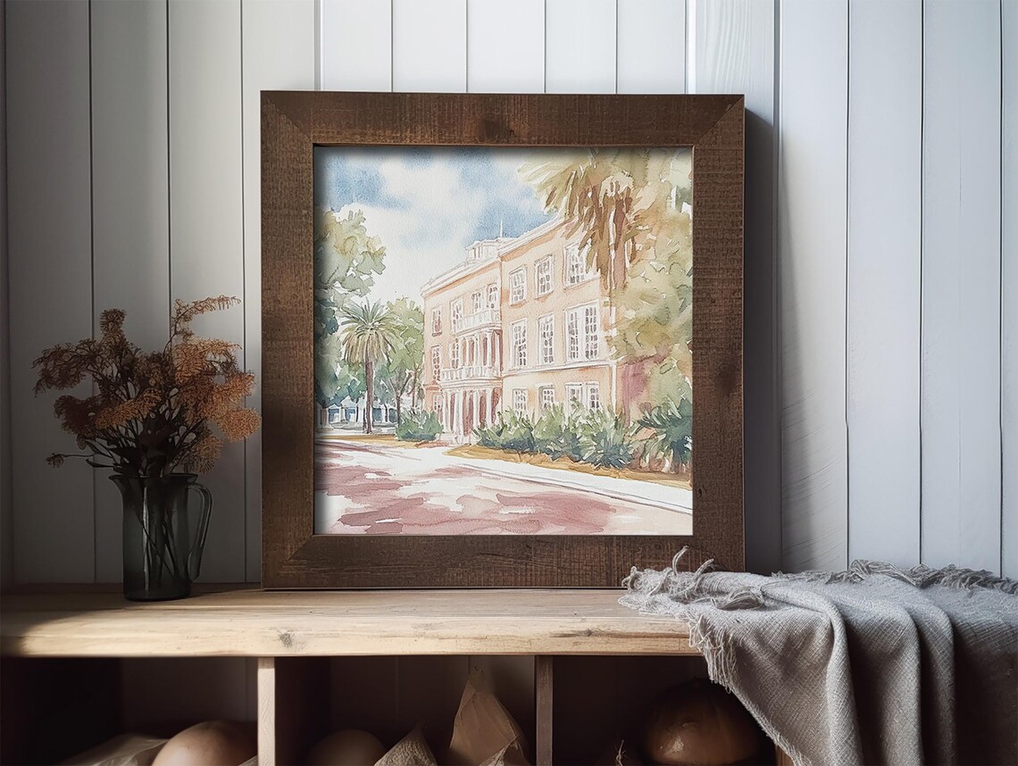 Stately Southern Mansion Framed by Tall Palm Trees Watercolor Poster - Image 2