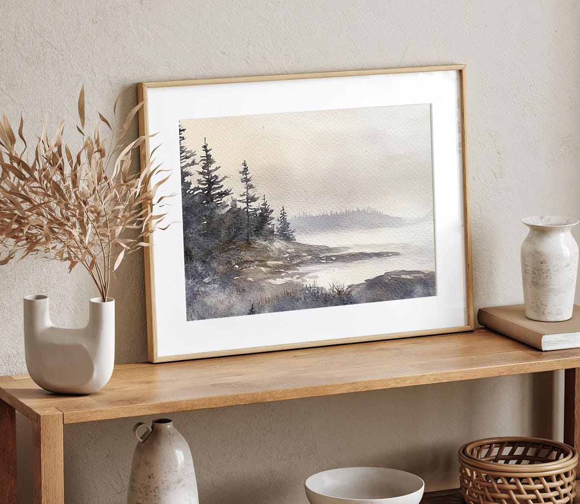 Schoodic Painting Peninsula Watercolor Art Print Acadia Wall Art Maine Landscape Print Foggy Morning Seascape Art Pine Forest Poster - Image 4