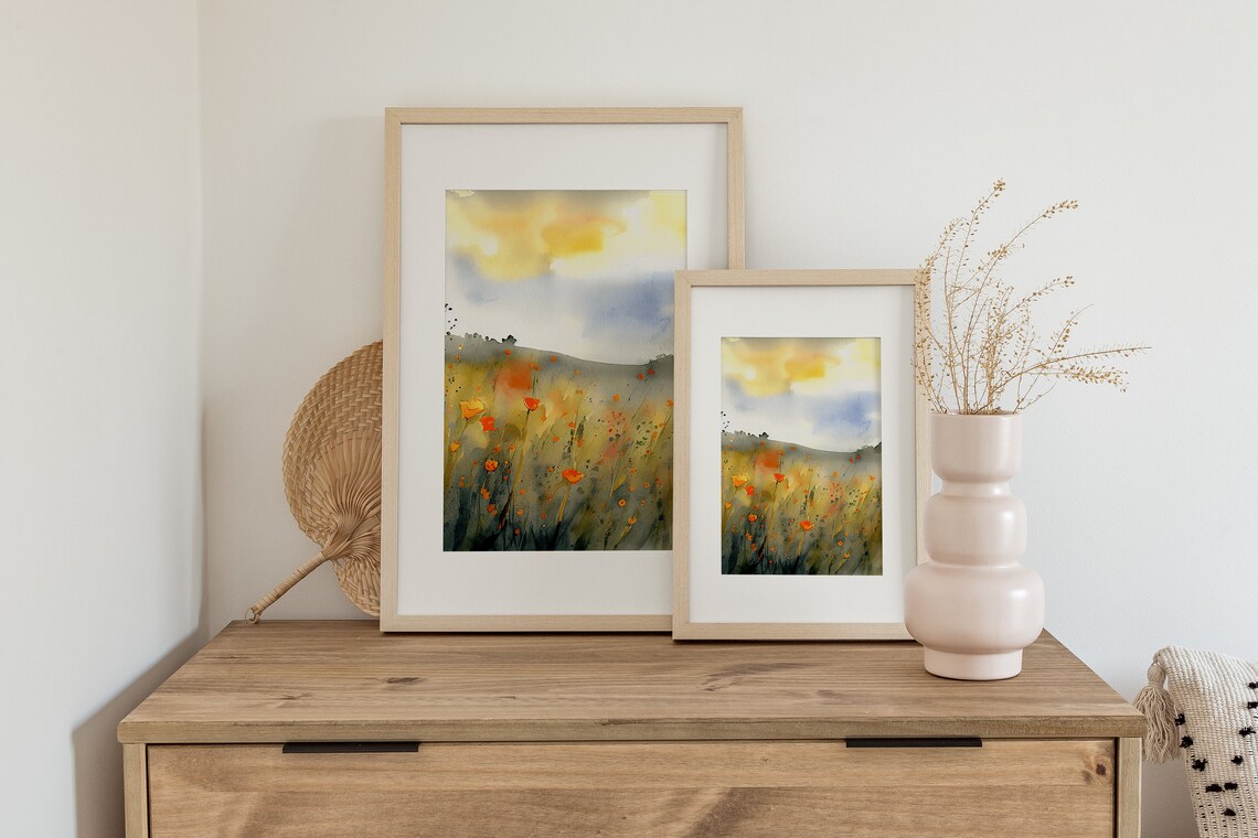 Poppy Watercolor Wildflowers Art Print, California Fields - Image 2