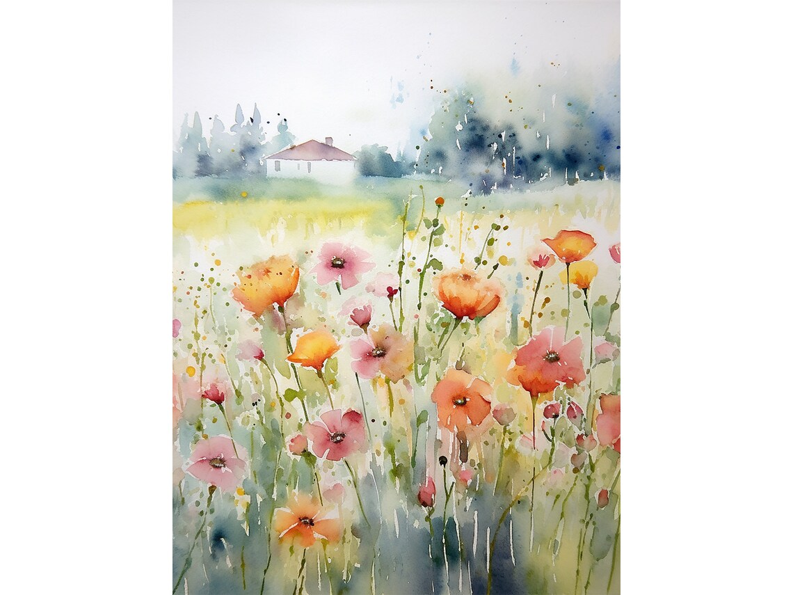 Meadow Farm Watercolor Art Print, French Farmhouse
