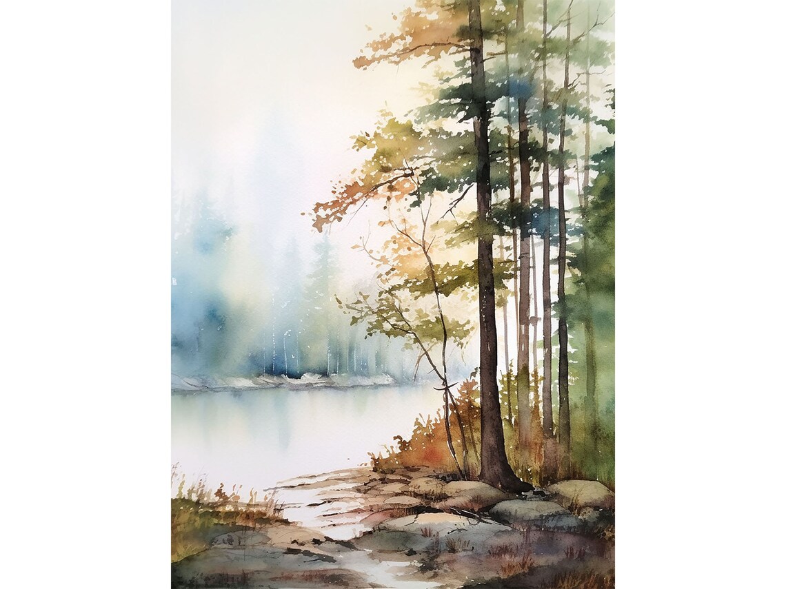 Serene Misty Lakeshore with Tall Pines at Dawn Watercolor Poster