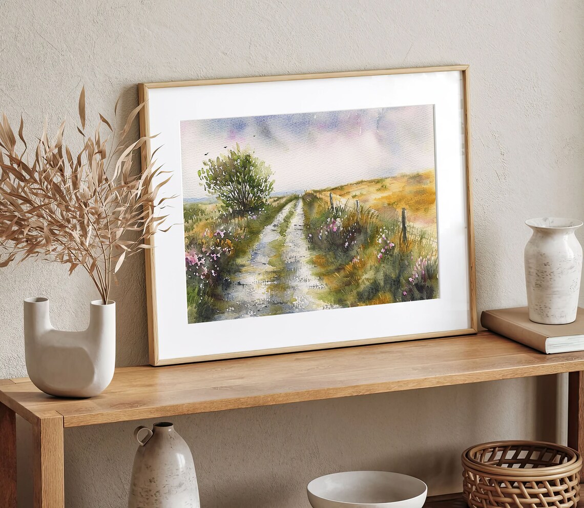 Country Dirt Path Through Wildflower Meadow Watercolor Poster - Image 3