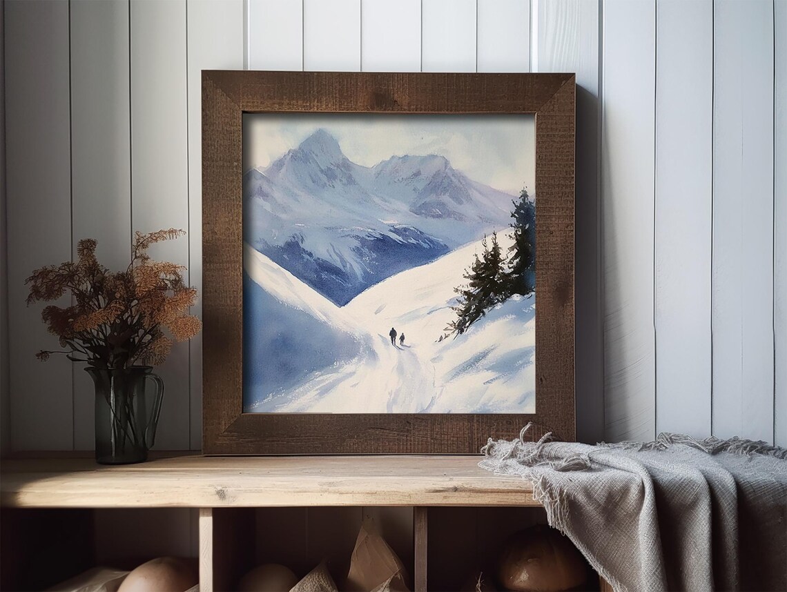 Snowy Mountain Peak Winter Hikers Trail Alpine Watercolor Poster - Image 2