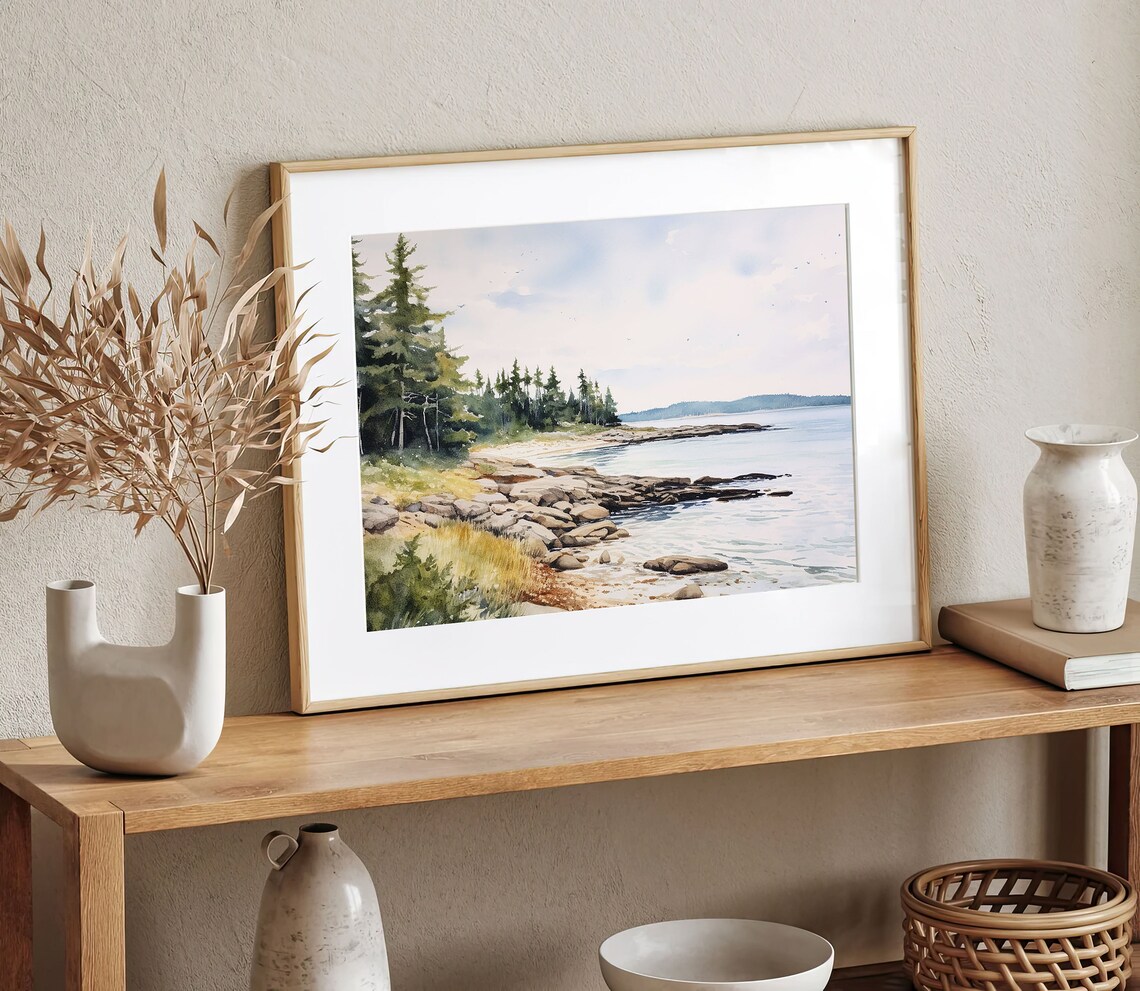 Maine Rocky Shore Pine Trees and Tidal Water Watercolor Coastal Poster - Image 4