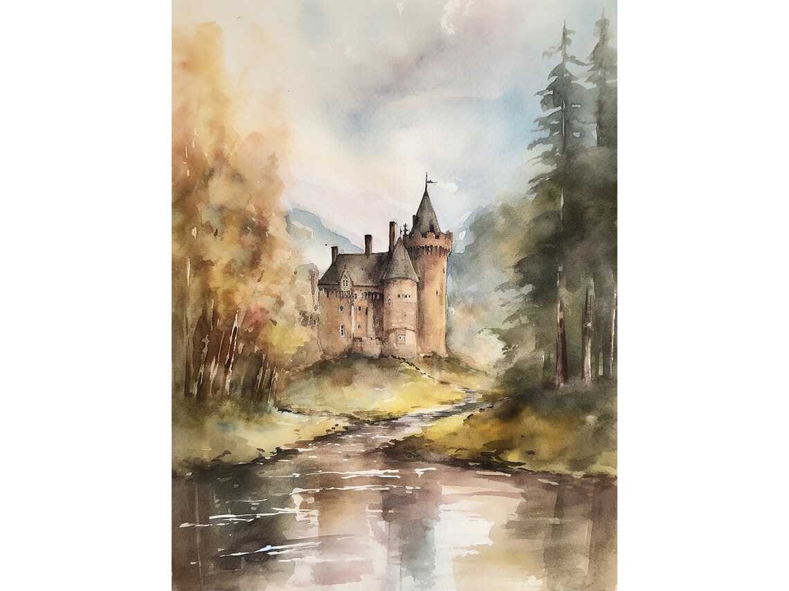 Scottish Castle Watercolor Art Print, Loch Ness