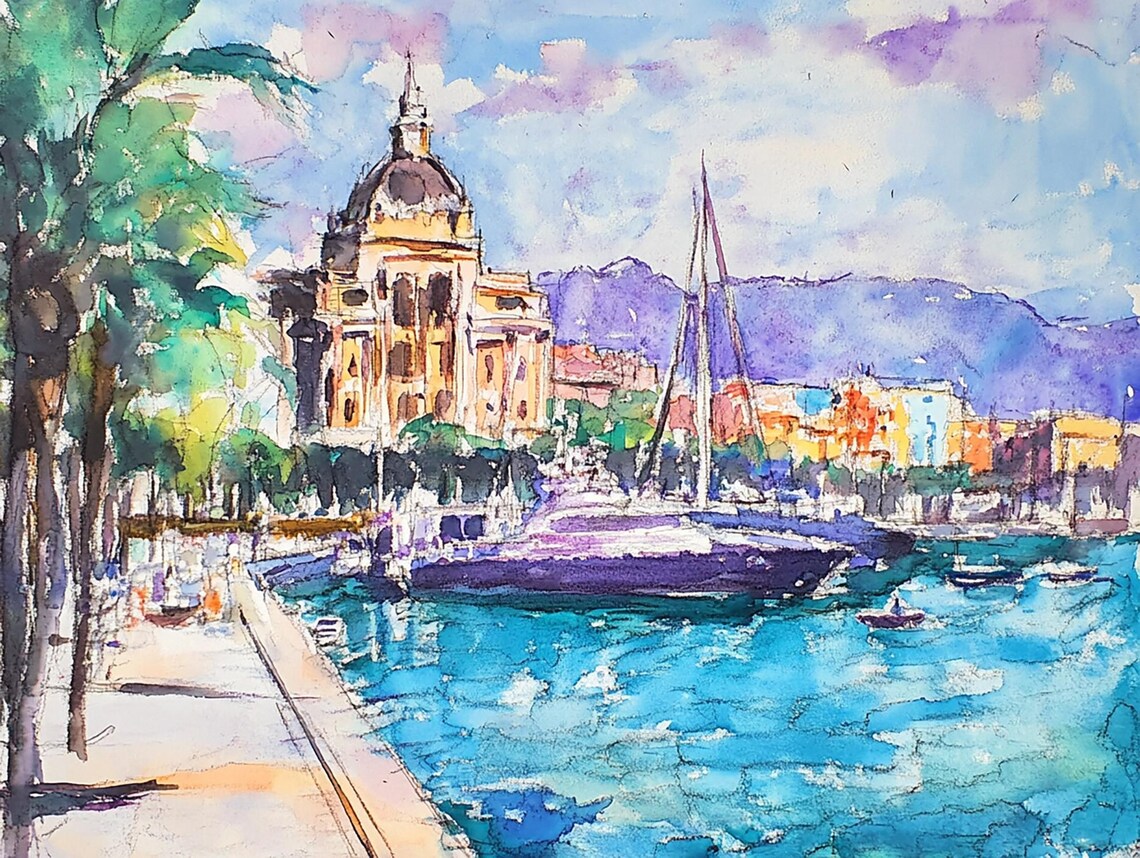 Barcelona Harbor Yacht Marina Watercolor Spain Travel Poster