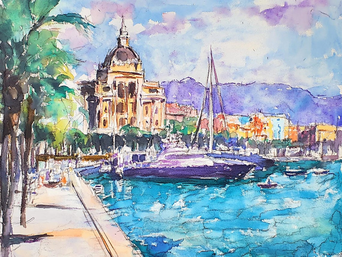 Barcelona Painting Spain Watercolor Art Print Barcelona Harbor Wall Art Cityscape Print Sailboat Art Travel Poster