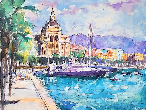 Barcelona Harbor Yacht Marina Watercolor Spain Travel Poster