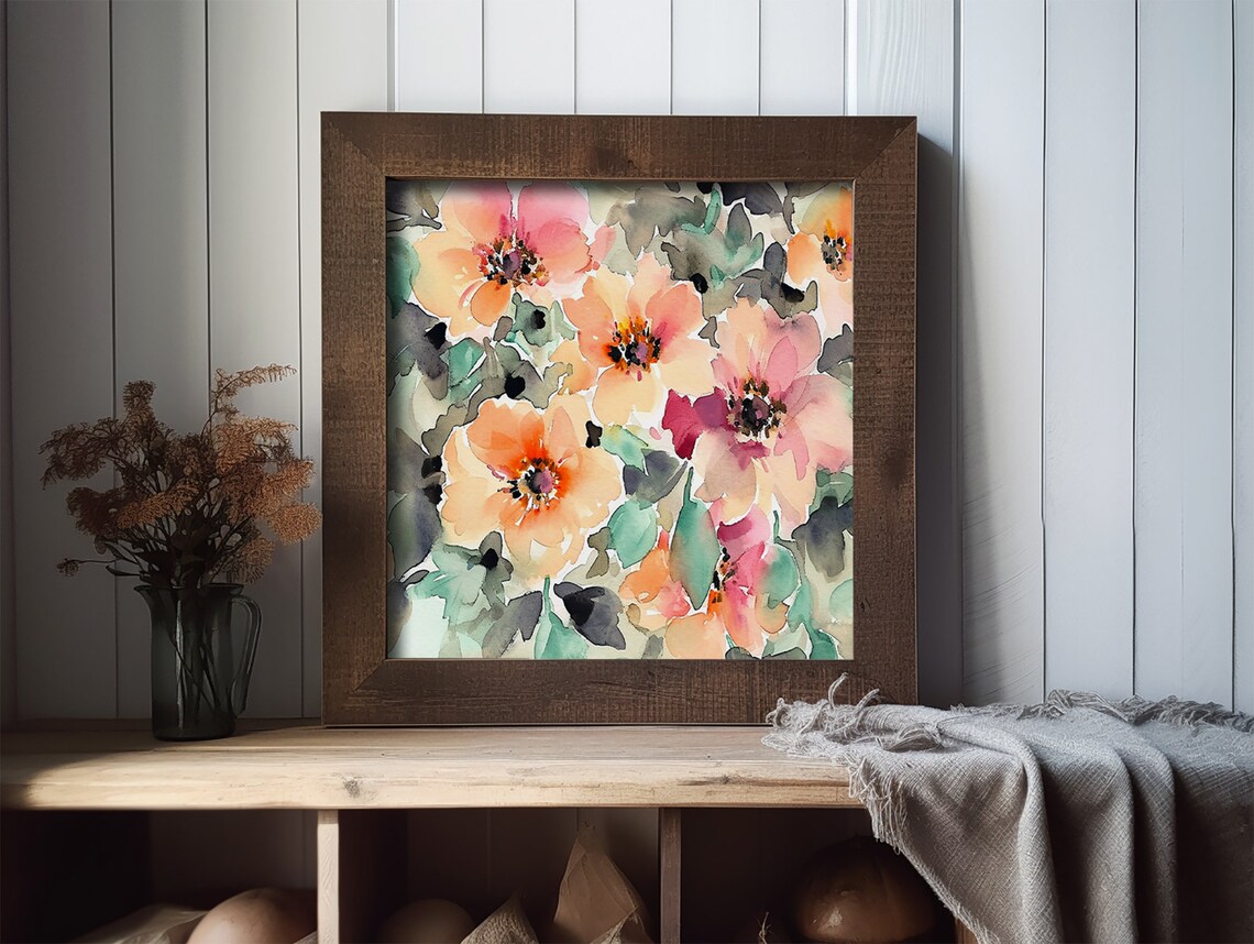 Peach Anemone Flowers Loose Floral Watercolor Botanical Poster - Image 2