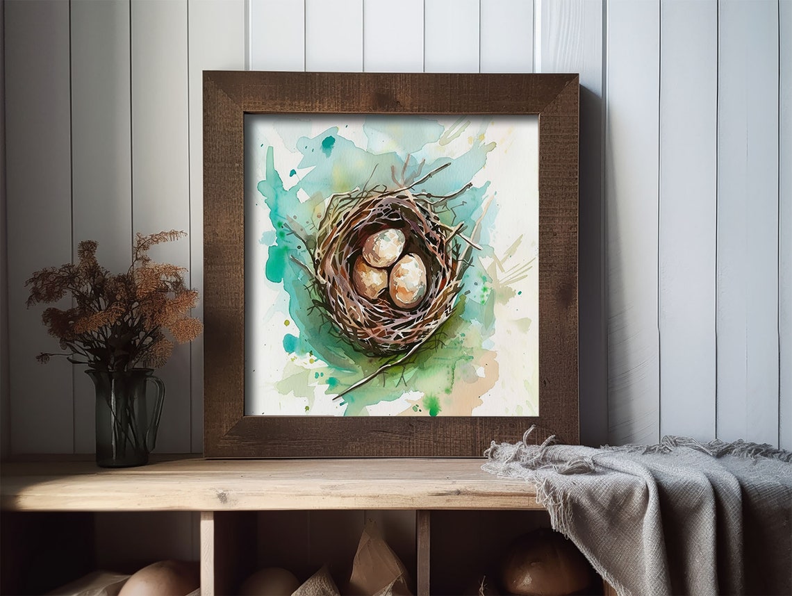 Watercolor Bird Nest Three Eggs Teal Splash Spring Art Poster - Image 2