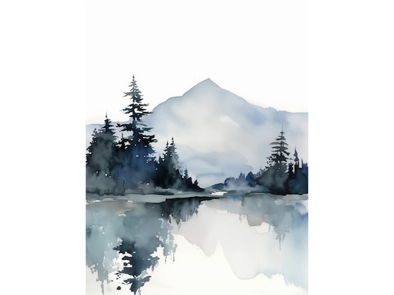 Redfish Lake Watercolor Art Print Mountain And Lake Wall Art Large Minimalist Indigo Landscape Idaho Art