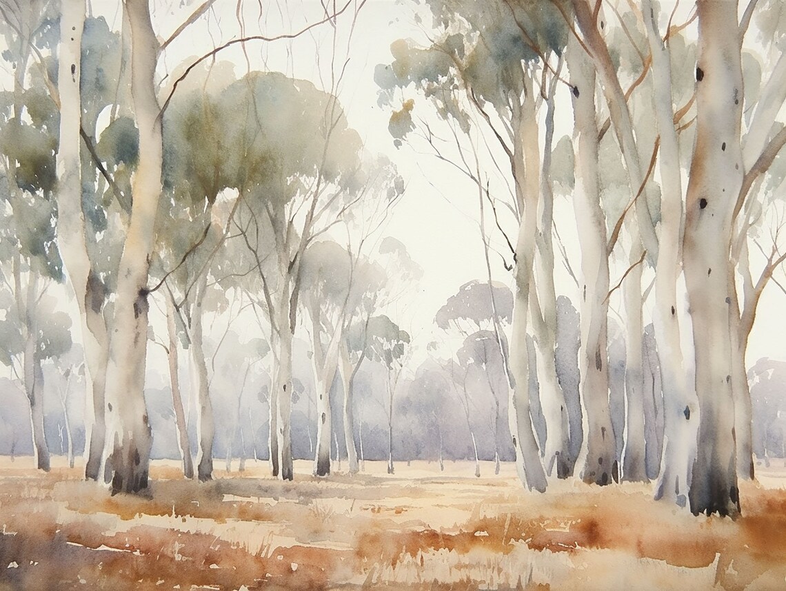 Eucalyptus Watercolor Art Print, Australian Forest Landscape