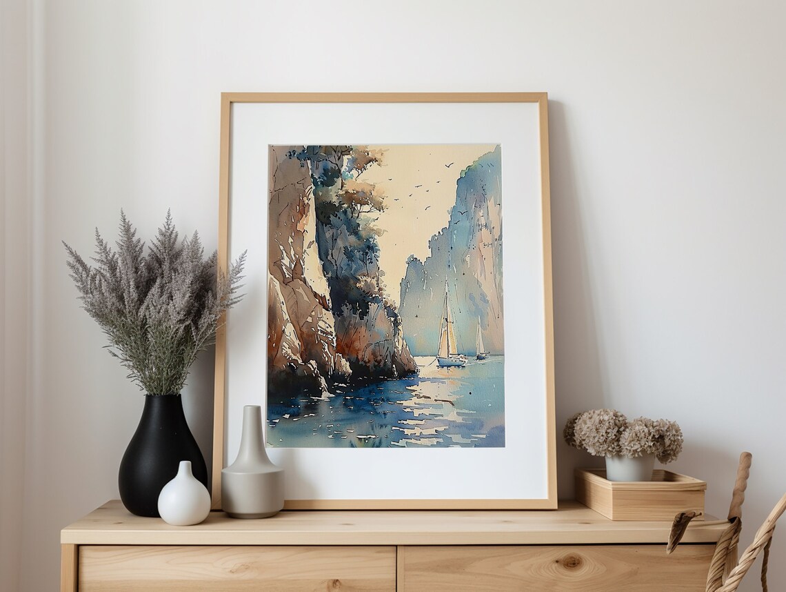 Crete Greek Watercolor Sailboat Seascape Art Print - Image 5