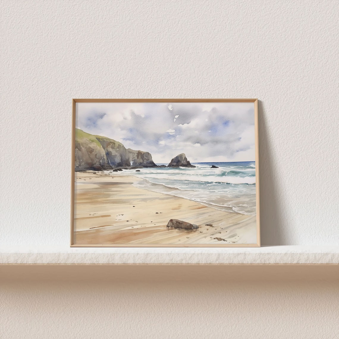 Rugged Cliff Beach with Sea Stack and Rolling Waves Watercolor Poster - Image 4