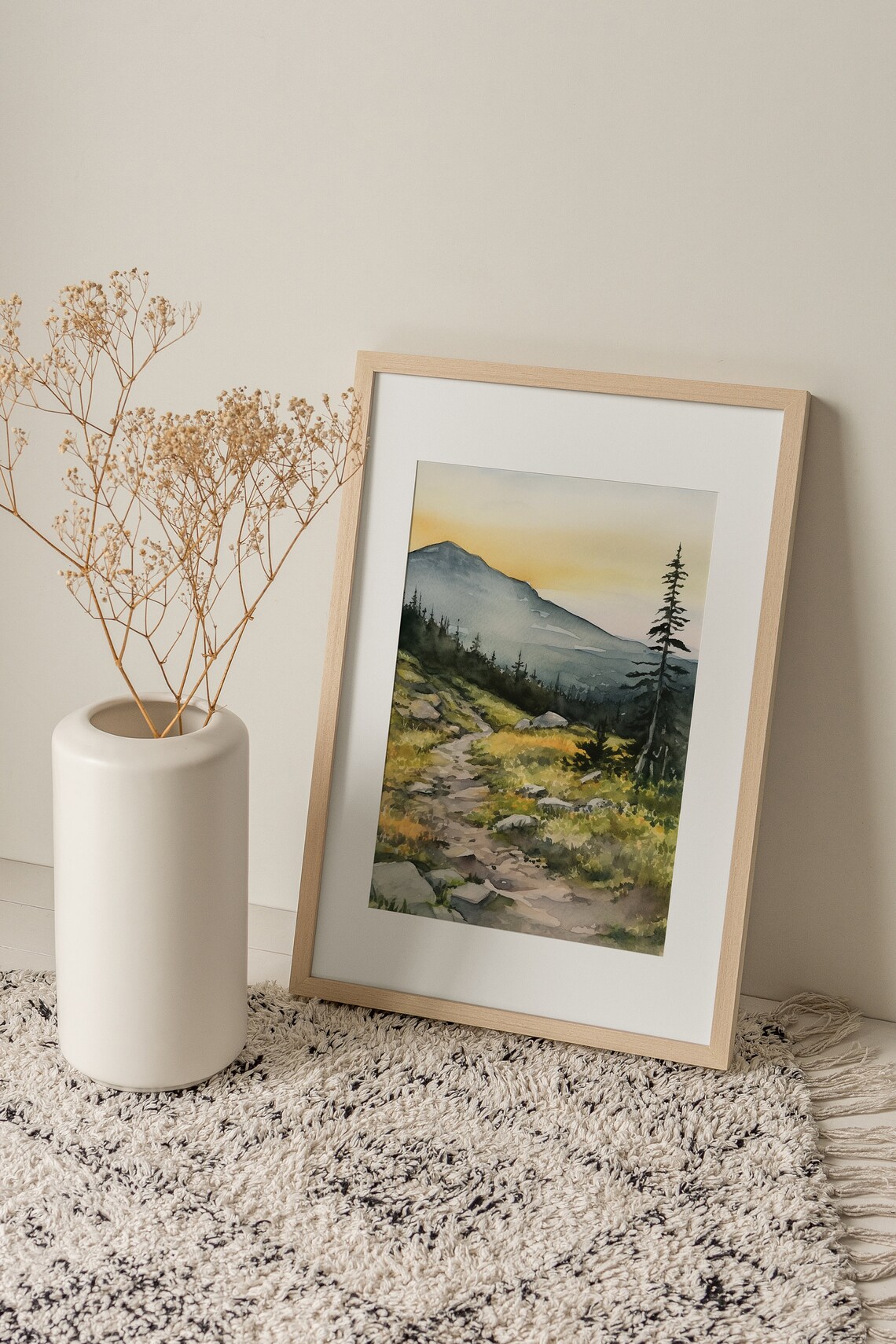 Rocky Mountain Hiking Trail to Misty Peak Sunset Watercolor Poster - Image 4