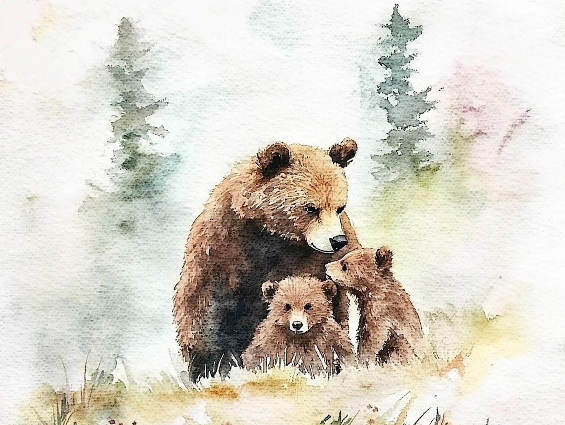 Brown Bear Mama And Baby Watercolor Art Print