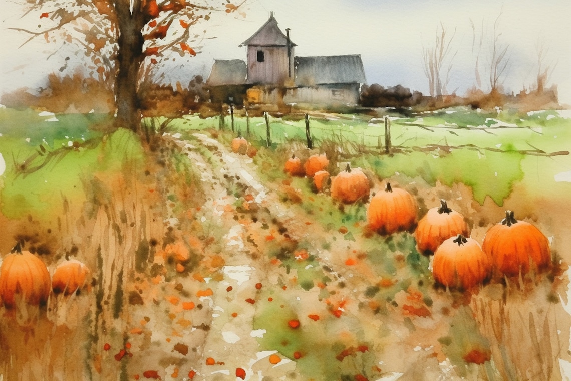 Farm Watercolor Pumpkins Patch Art Print
