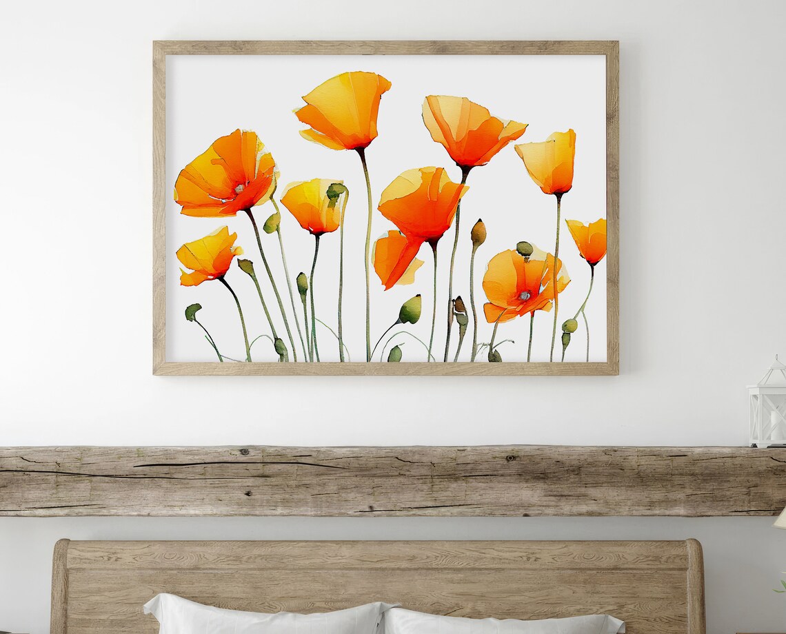 California Poppy Watercolor Print, Neutral Floral Art - Image 2
