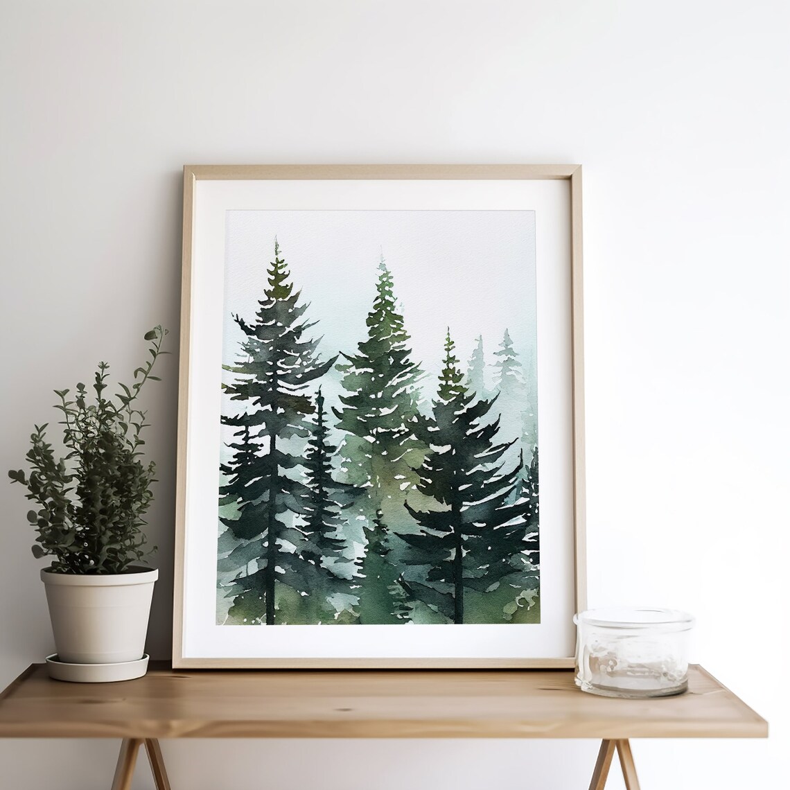 Evergreen Trees Print, Misty Forest Watercolor Poster - Image 2