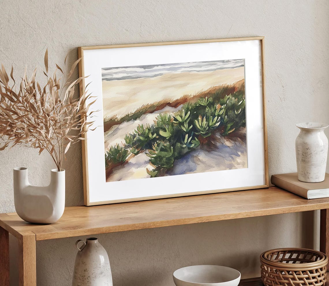 Beach Dune Grasses with Ocean Waves Beyond Watercolor Poster - Image 3