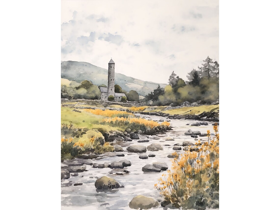 Glendalough Watercolor Art Print, Wicklow Mountains