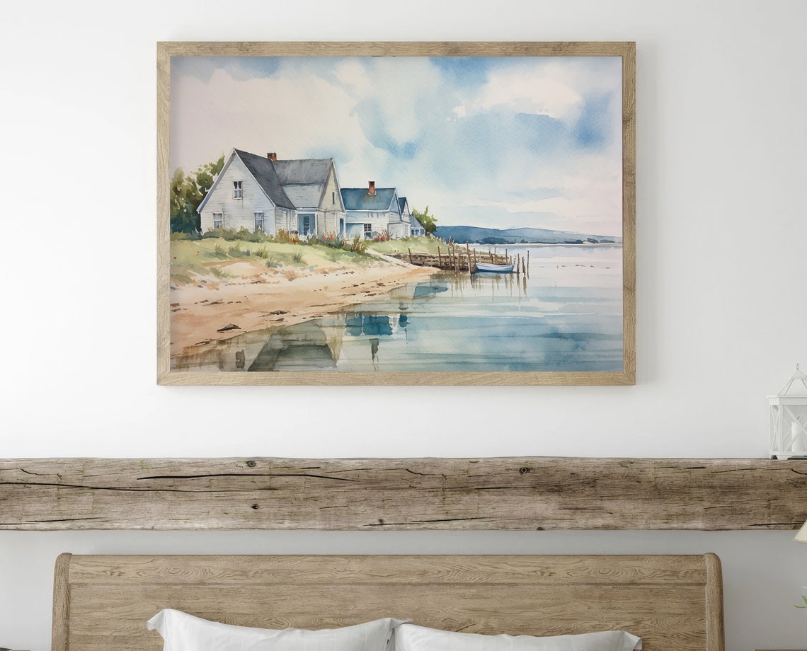 Cozy Lakeside Cottage with Wooden Dock on Still Water Poster - Image 2