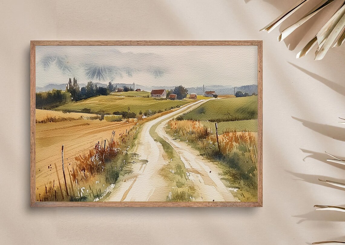 Country Dirt Road Winding to Farmhouses Watercolor Landscape Poster - Image 4