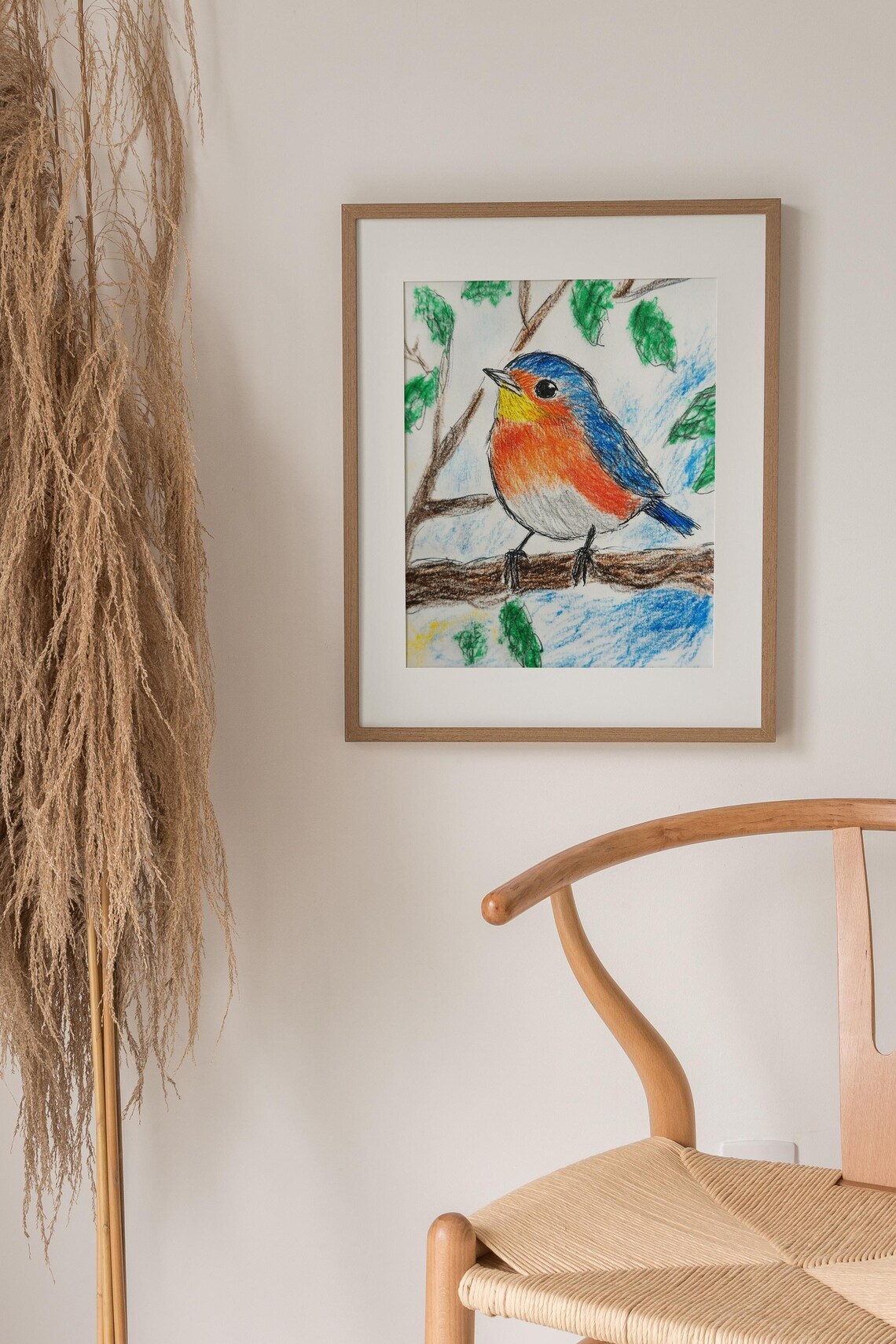 Colorful Blue and Orange Songbird Crayon Drawing Kids Room Poster - Image 4