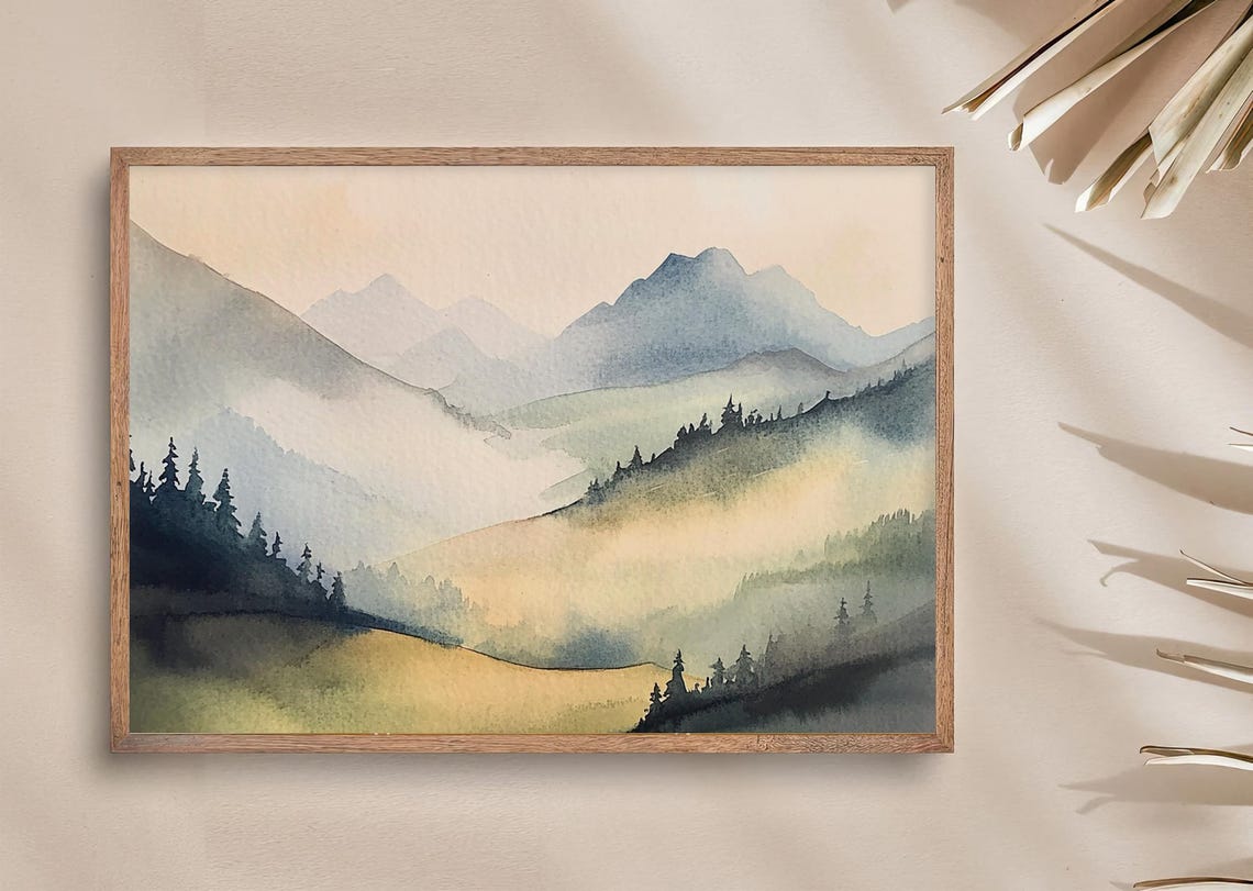 Tranquil Layered Blue Mountain Ridges in Soft Mist Watercolor Poster - Image 4
