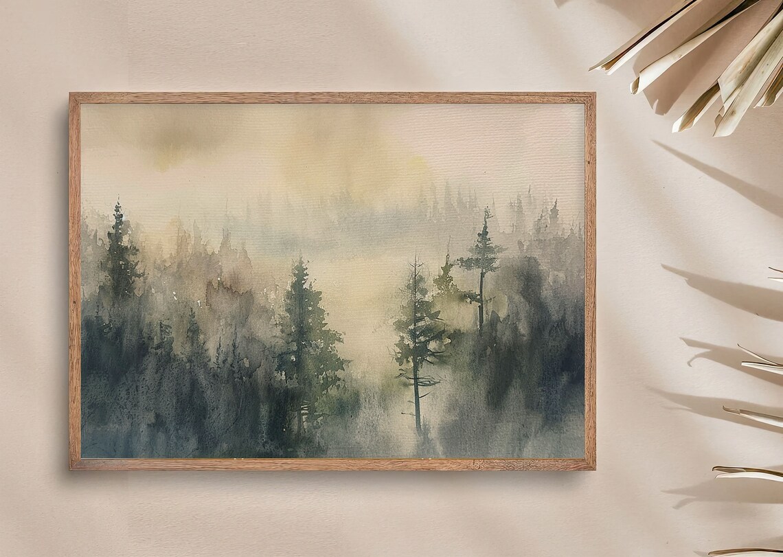 Misty Evergreen Forest in Fog Watercolor Woodland Nature Poster - Image 3