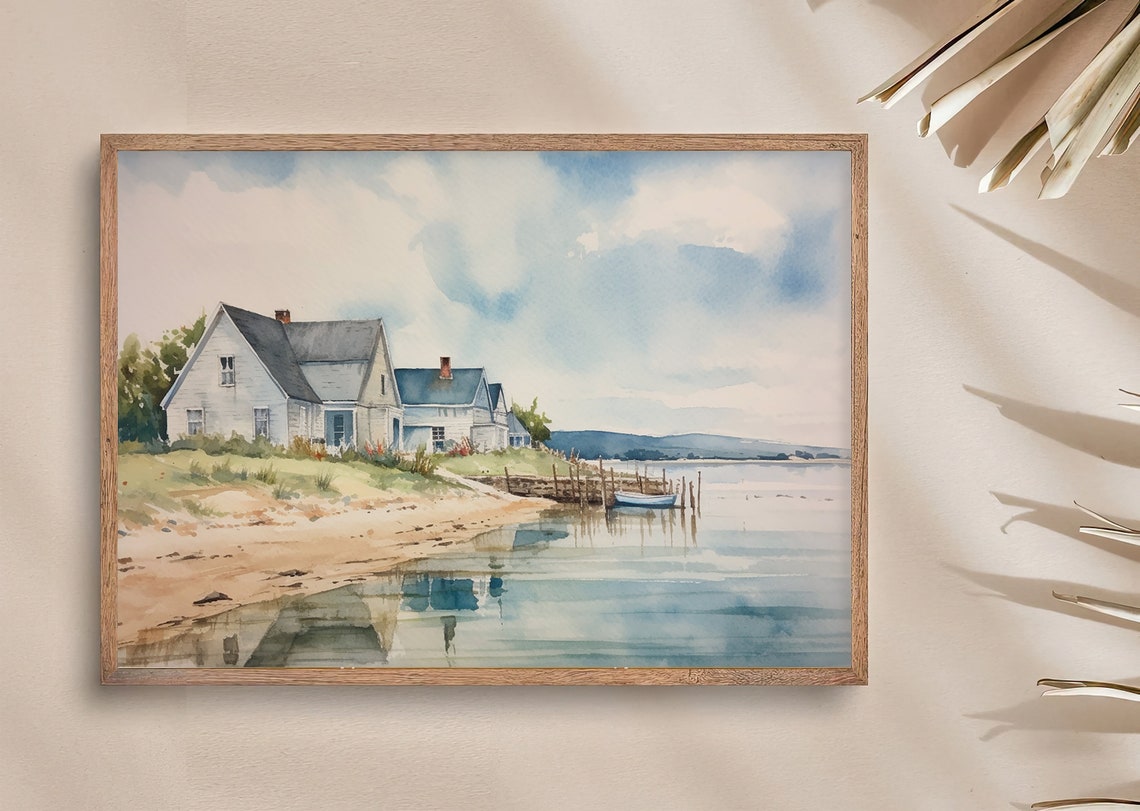 Cozy Lakeside Cottage with Wooden Dock on Still Water Poster - Image 4