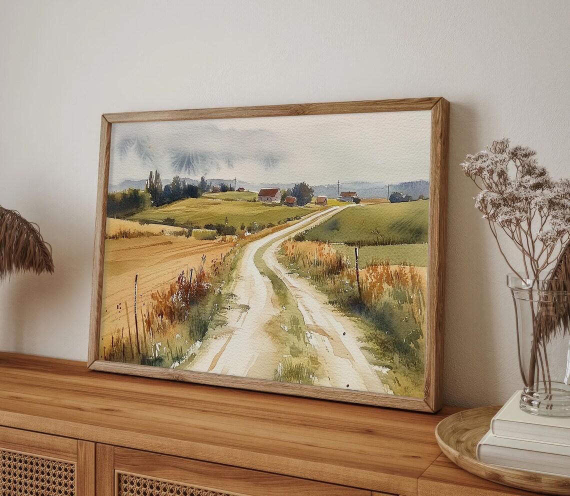 Country Dirt Road Winding to Farmhouses Watercolor Landscape Poster - Image 5