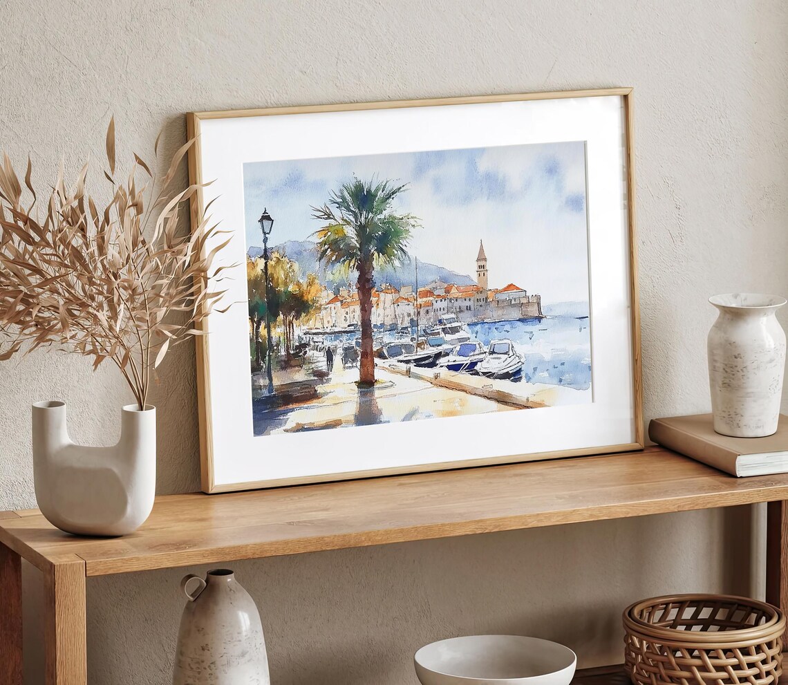 Croatia Coastal Watercolor Cityscape Art Print - Image 2