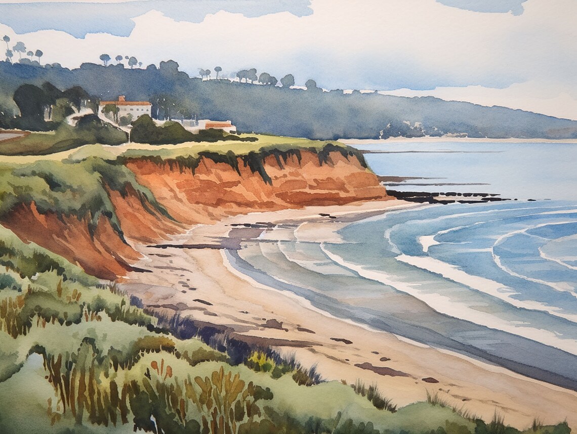 Torrey Pines Watercolor Art Print, San Diego Coast