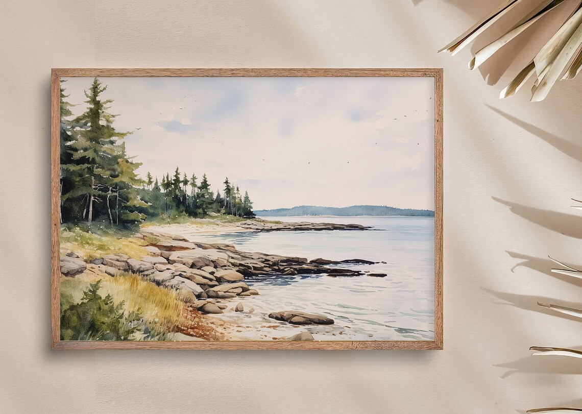 Maine Rocky Shore Pine Trees and Tidal Water Watercolor Coastal Poster - Image 3