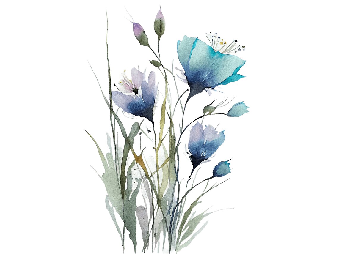 Wildflowers Painting Blue Flowers Watercolor Art Print