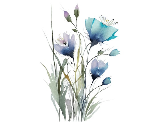 Wildflowers Painting Blue Flowers Watercolor Art Print