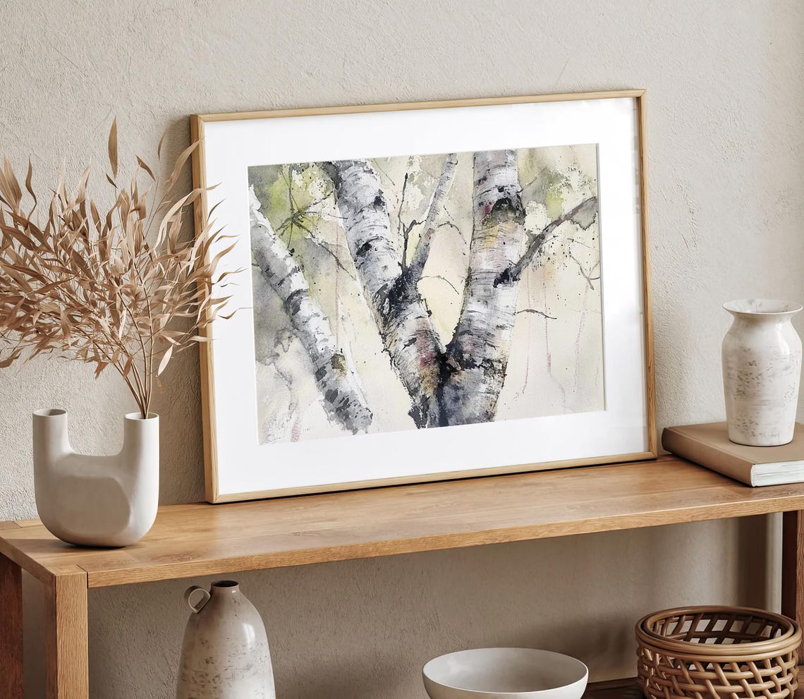 White Birch Tree Trunks in Soft Watercolor Forest Close Up Poster - Image 2