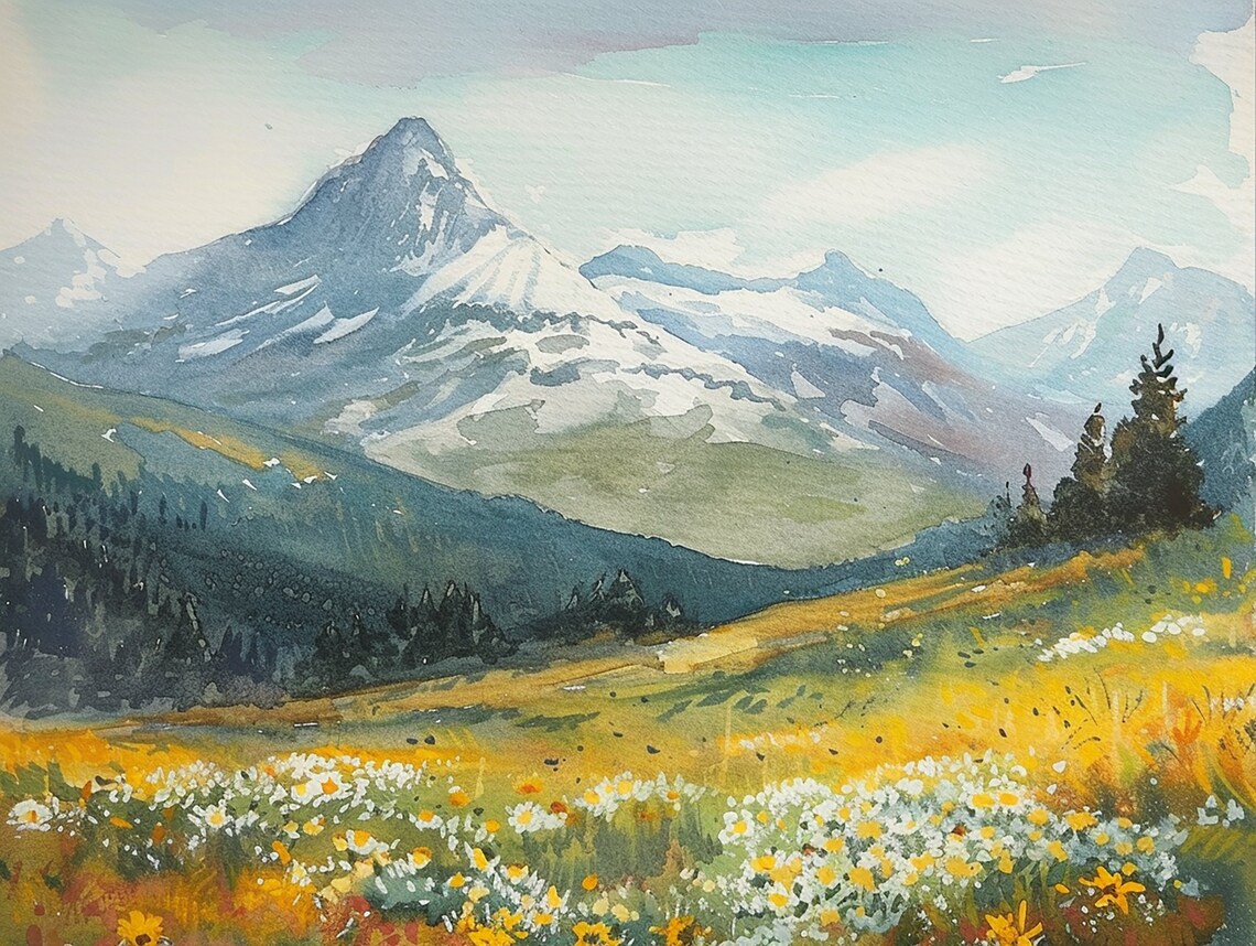 Rocky Mountains Daisy Field Watercolor Art Print