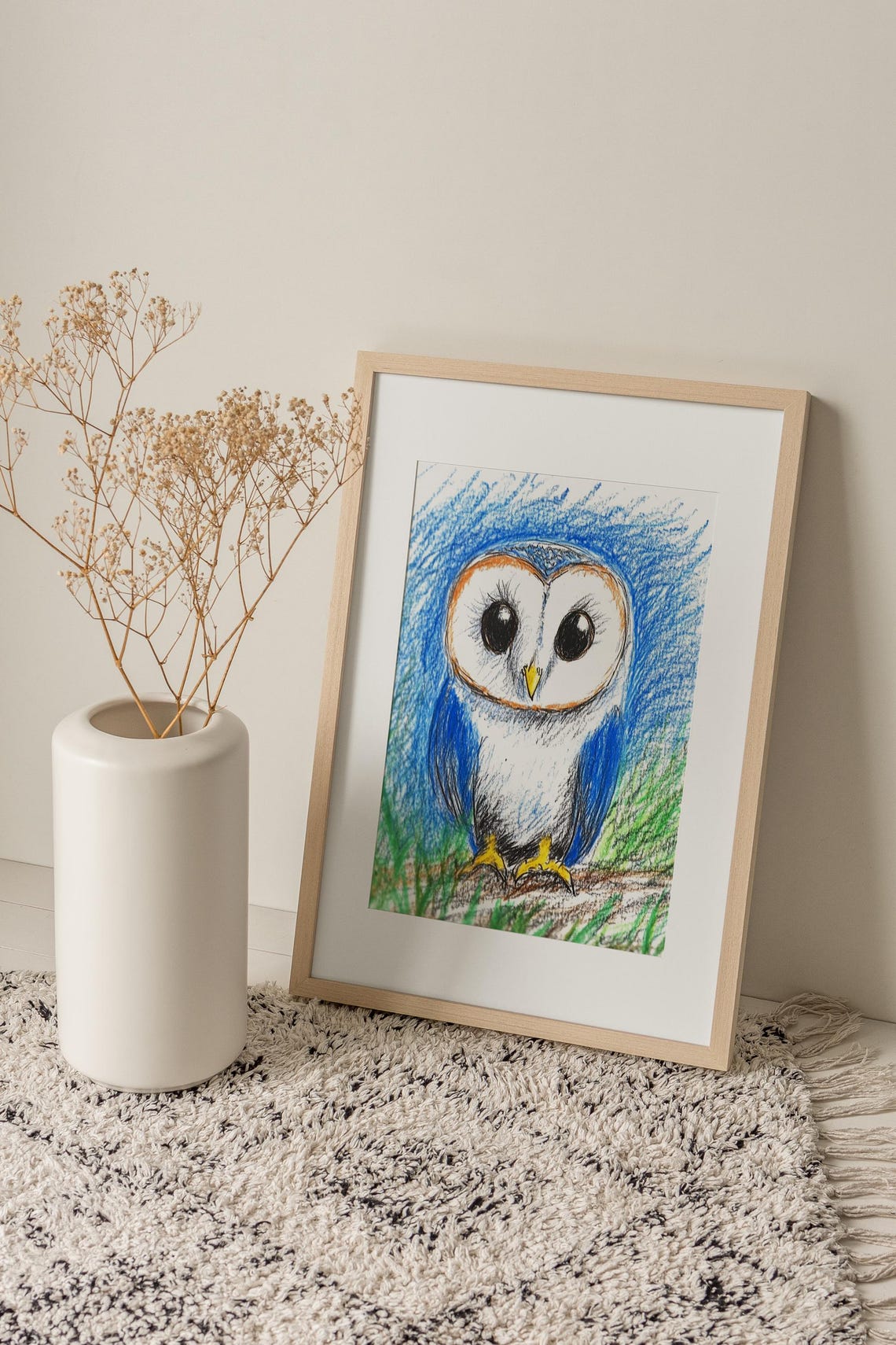 Cute Cartoon Barn Owl Big Eyes Crayon Drawing Kids Room Poster - Image 3
