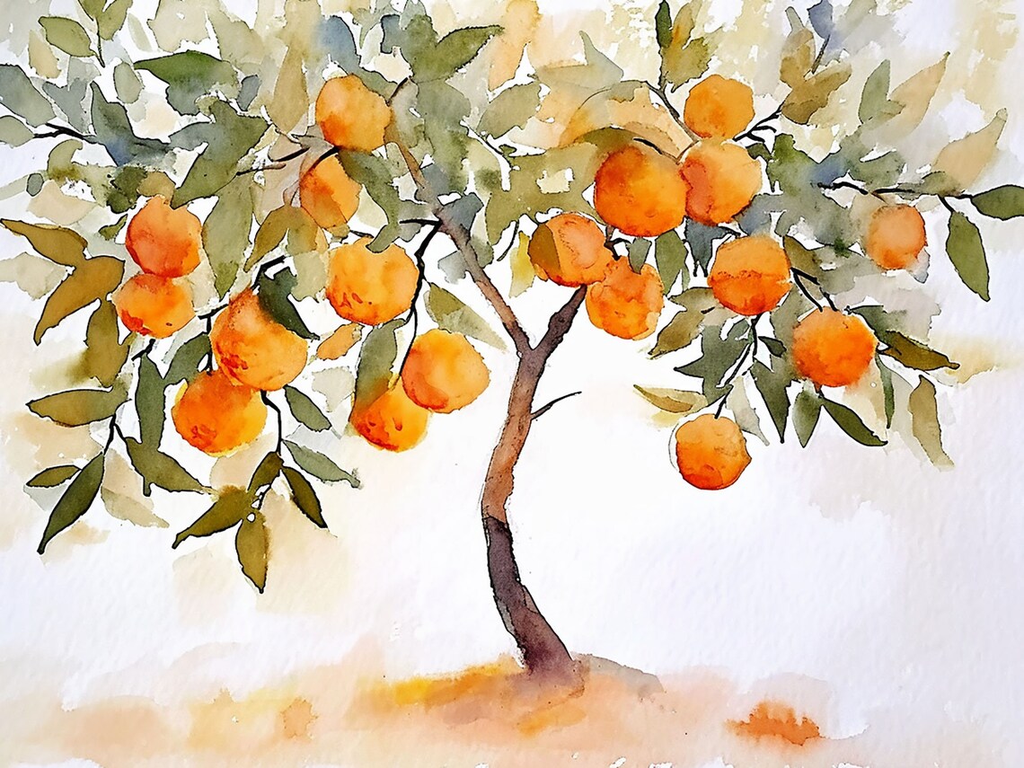 Orange Tree Watercolor Art Print, Farmhouse Wall Decor