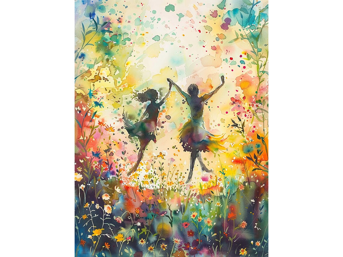 Two Sisters Watercolor Art Print, Wildflower Field