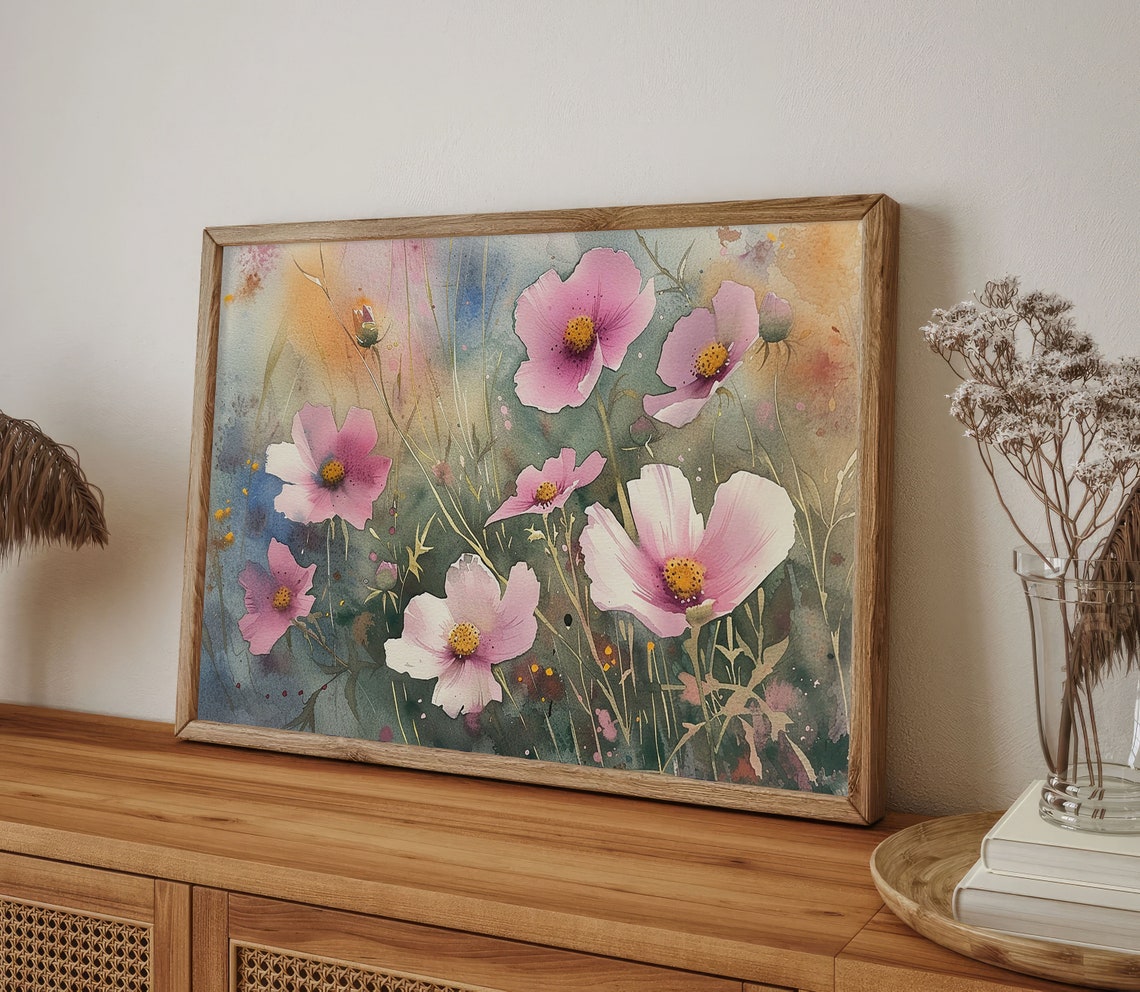 Pink Cosmos Flowers Wildflower Meadow Watercolor Garden Bloom Poster - Image 2