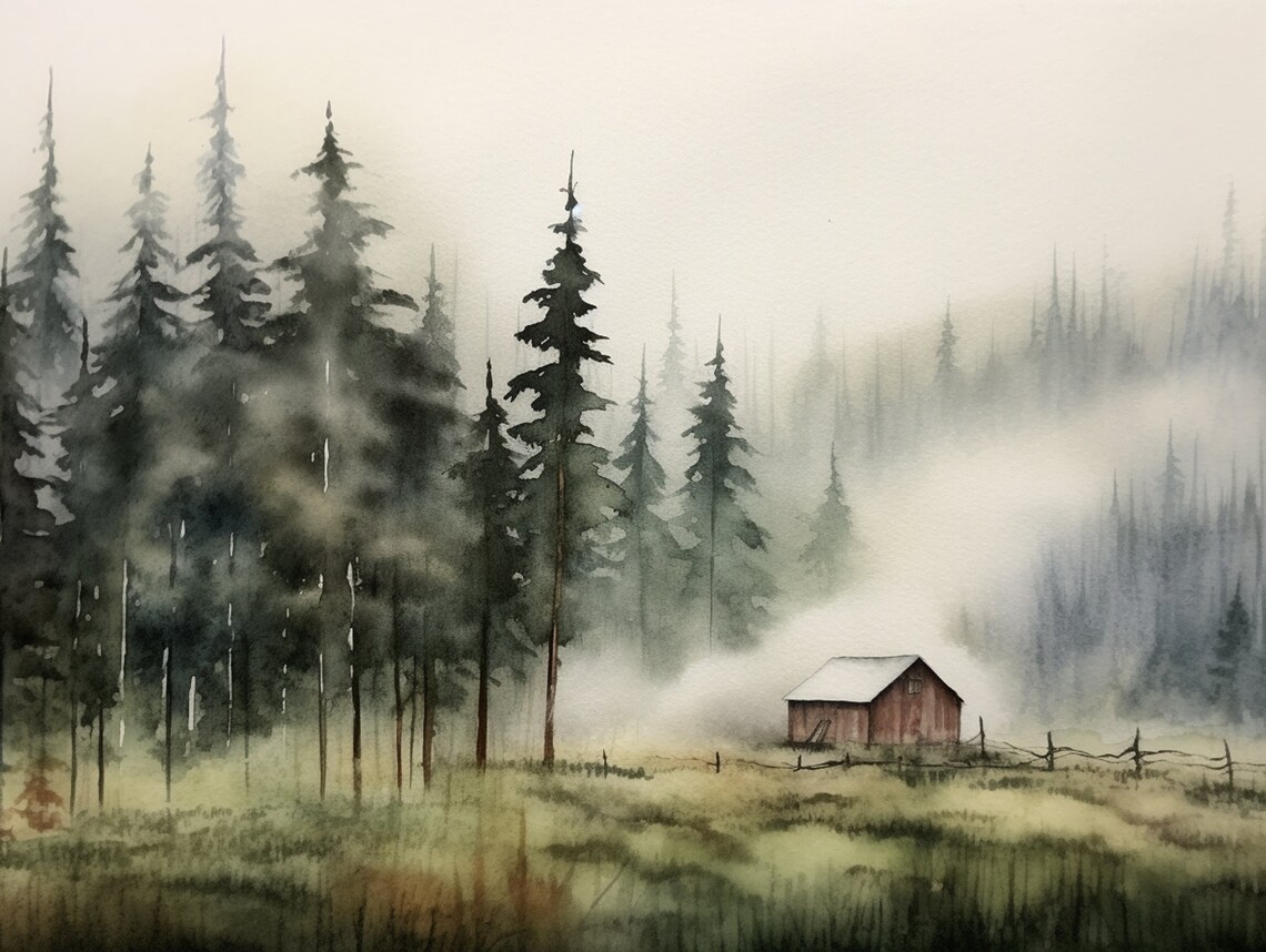 Cabin Painting Pine Forest Watercolor Art Print Idaho