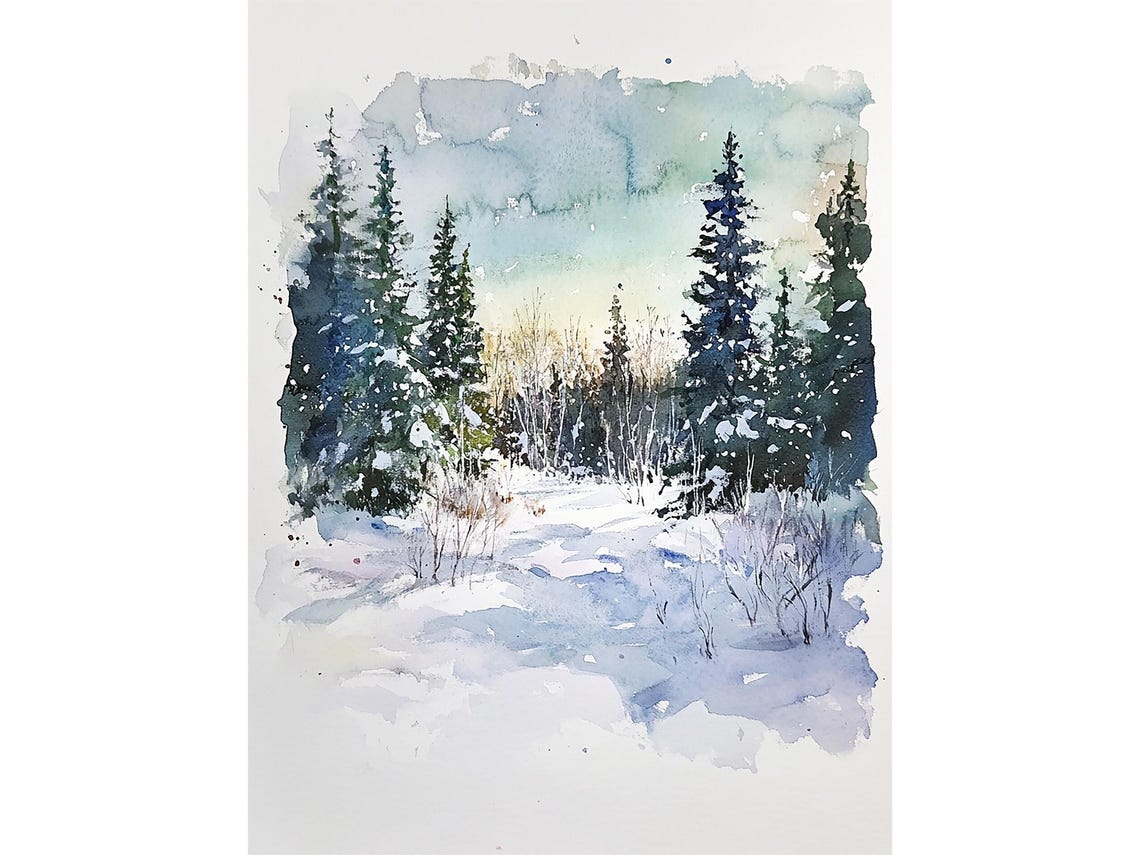 Snowy Pine Forest Winter Wonderland Watercolor Landscape Poster