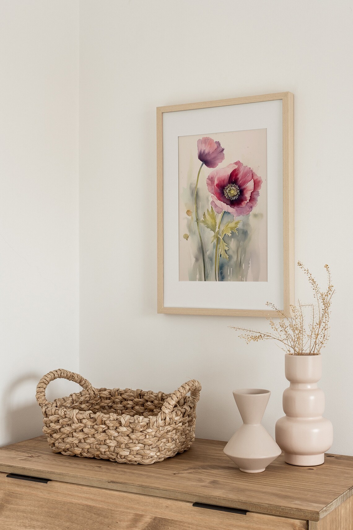 Poppy Watercolor Art Print, Neutral Pink Floral Poster - Image 2